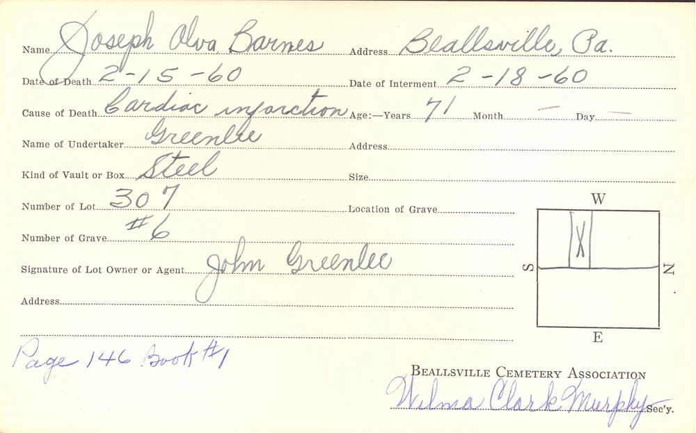 Joseph Alva Barnes burial card